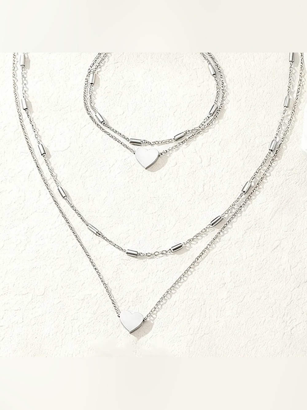 Sterling-Style Silver Layered Heart Necklace Set Stainless Steel